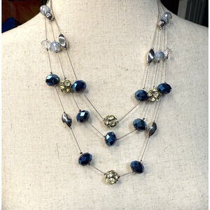 Blue and Clear Glass Faceted Multi-Strand Necklace Silver Tone 22”- 25" Vintage